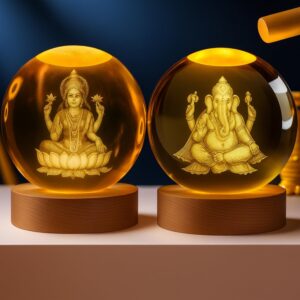 3D Crystal Ganesh & Lakshmi Lamp – USB LED Night Light with Wooden Base
